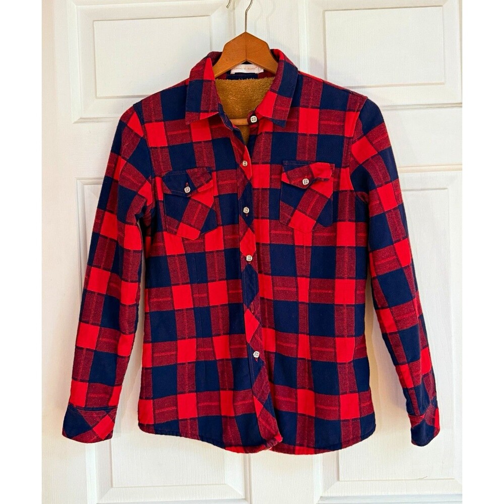 Jiang Yi Xuan Red/Blue Plaid Flannel Cotton Pocket Button-Up Shirt M